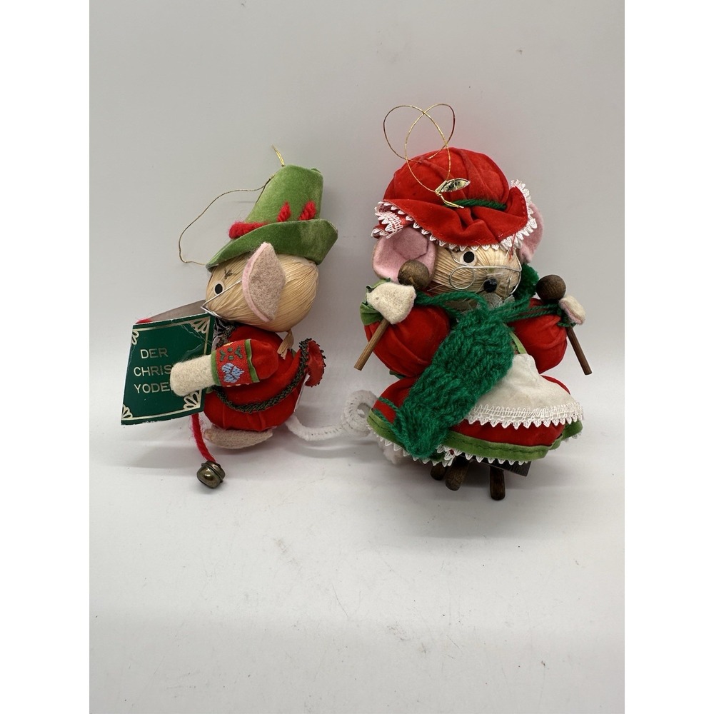 Vintage 1980 Kurt S. Adler Mouse Ornament Pair‎ Caroler  & Knitting On Stool